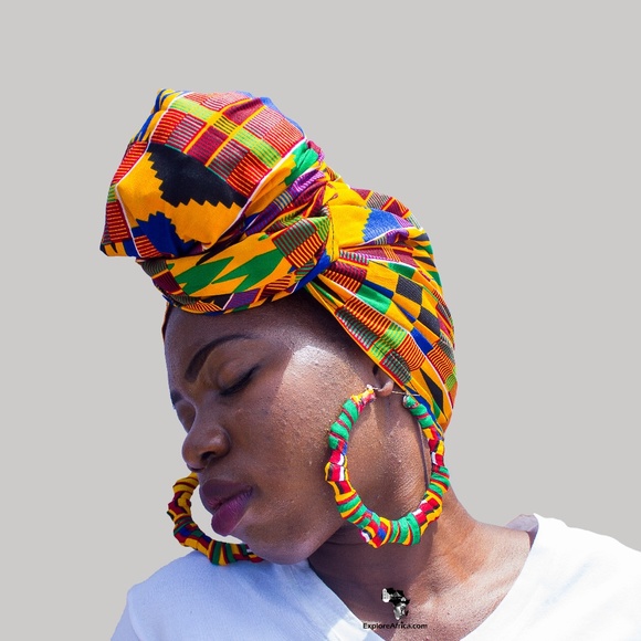 ExploreAfrica Accessories - Matching Set: Africa Kente HeadWrap & XL Earring-7
